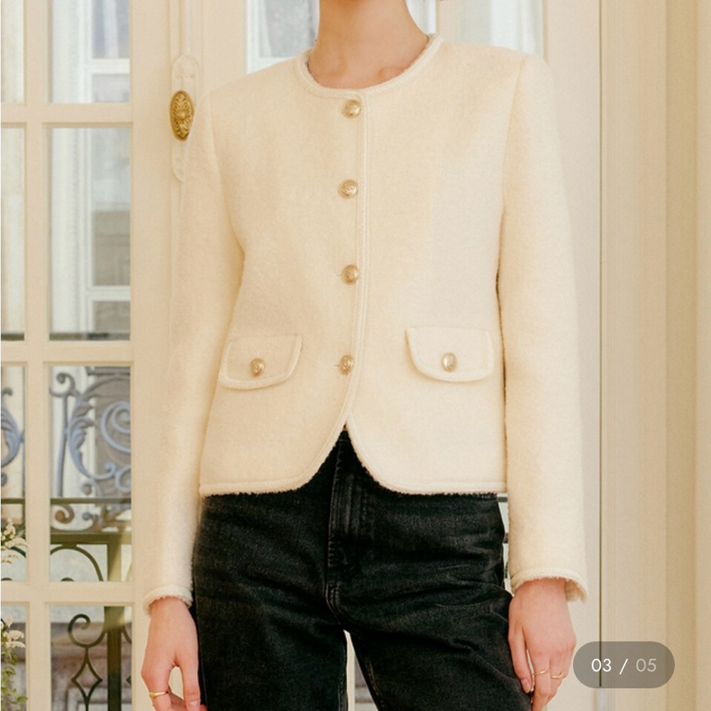 LOOKAST Trimming Round Neck Winter Tweed Jacket